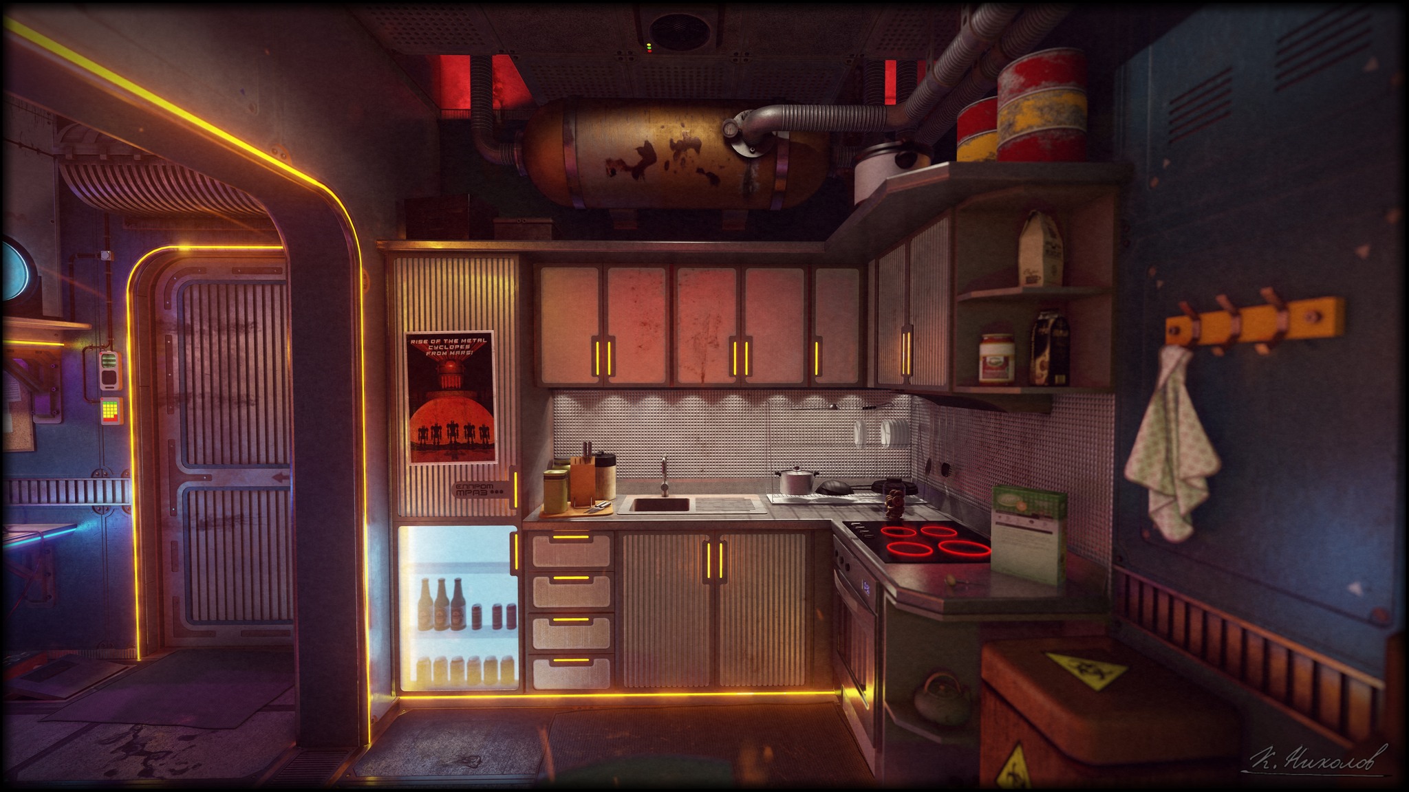The meme is an image of a kitchen set in a futuristic, industrial-style environment, with a sign on the wall that reads "KITCHEN OF THE FUTURE" in bold, neon-lit letters. The kitchen is equipped with a variety of high-tech gadgets and appliances, including a robotic cooking machine and a food synthesizer. The image is a humorous commentary on the idea of a "kitchen of the future" being a place where all the food is prepared and cooked by machines, with no human involvement.